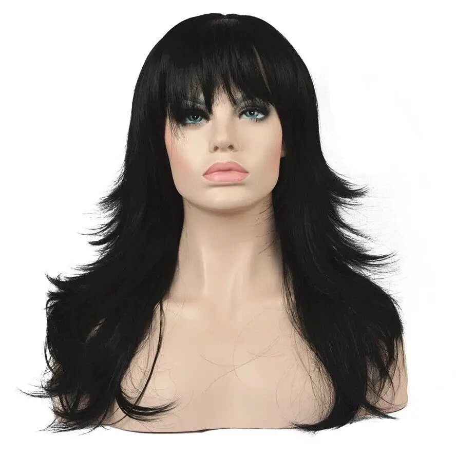 

Long Black Layered Straight Wigs With Bangs Synthetic Heat Resistant Wig Synthetic