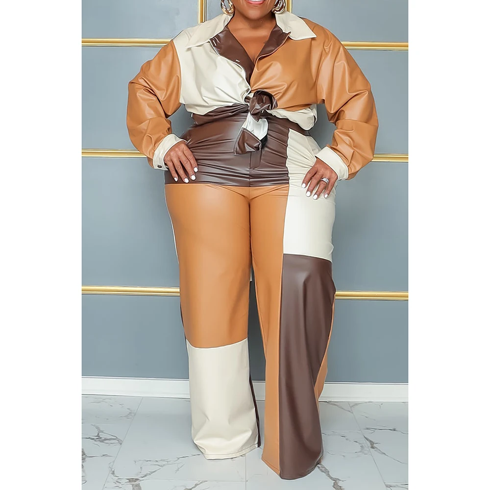 Plus Size Women\'s Pant Suit Brown Tunic Patchwork PU Leather Fashion Commuting Two Piece Pant Suit