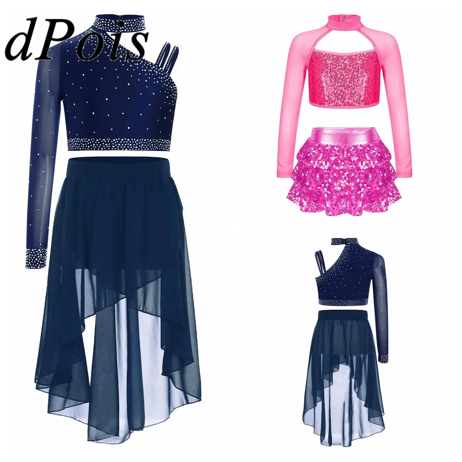 Girls Skating Dress Shiny Sequin Jazz Dance Outfit Kids Rave Party Rhythmic Gymnastics Costume Stage Performance Dancewear