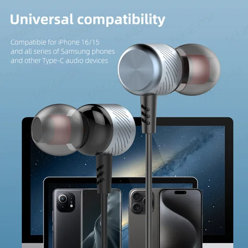 Imagen 2 del producto Auriculares con cable de Metal de graves profundos DAC tipo C 3,5mm con micrófono auriculares deportivos de música para teléfonos móviles portátiles auriculares para PC