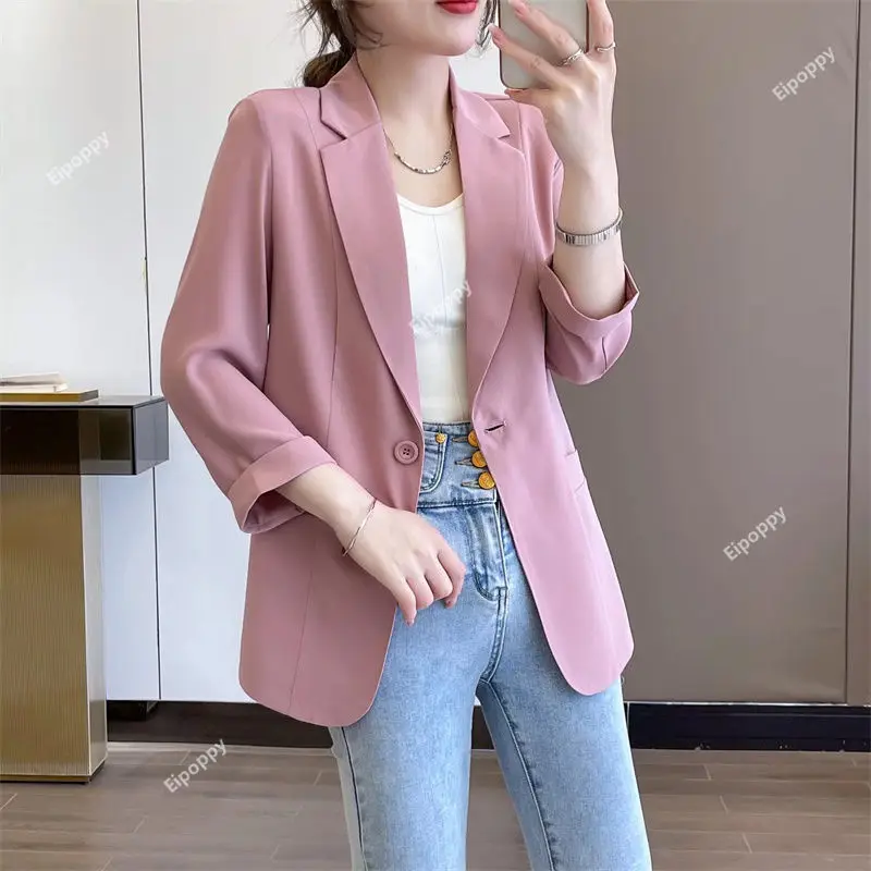 2024 New Women's Summer New Small Suit Coat Fashion Light Mature Style Button Pocket Panel Slim Versatile 3/4 Sleeve Coat