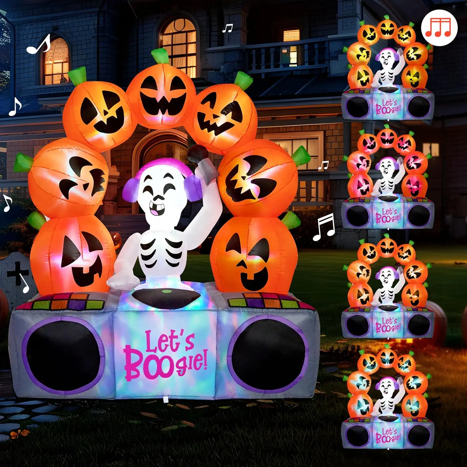 6 Ft Tall Halloween Inflatable Outdoor Decoration Blow Up Pumpkin Skeleton Colorful Leds Music Party Decor