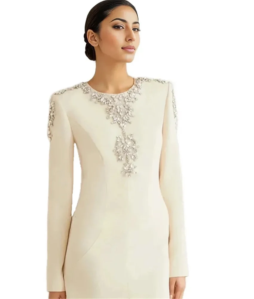 Robe de soirée en Jersey, ligne a, cristal de luxe, personnalisée, manches longues, col rond, longueur au sol, tempérament