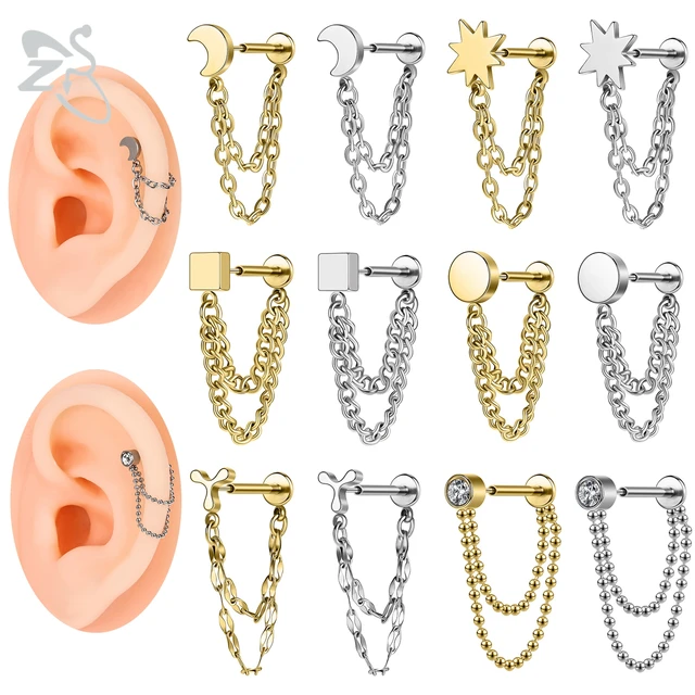 ZS 1 PC 16G Kolczyk ze stali nierdzewnej dla kobiet Dziewczyny Tassel Drop Ear Studs CZ Crystal Chrząstka Helix Lobe Piercing Biżuteria
