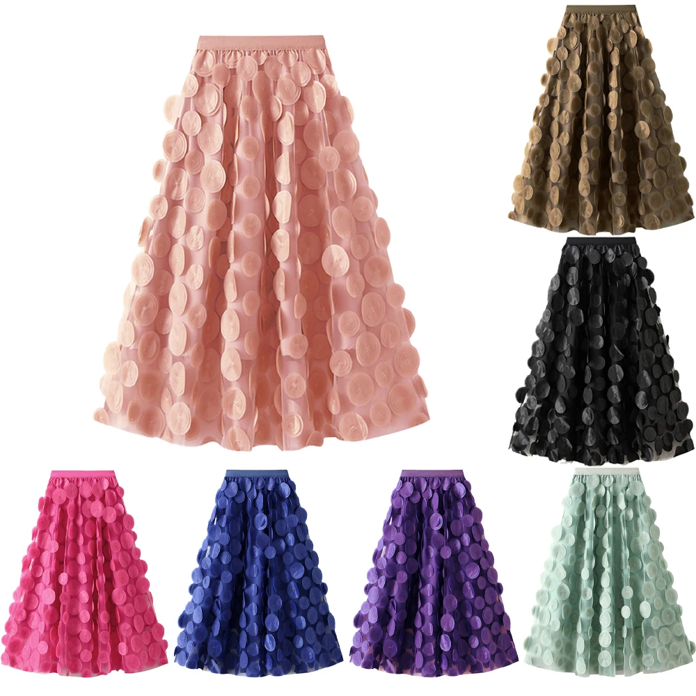 

New Special Design 3D Polka Dots Appliques Long High Waist Elastic 2024 Elegant Pink Black A Line Pleated Skirts VD4276