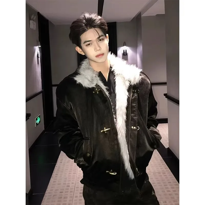 

Мужская ретро-куртка в американском стиле из хлопка с меховым воротником и вставками из искусственной кожи (PU) цвета авиационной синевы, утепленная, для молодежи