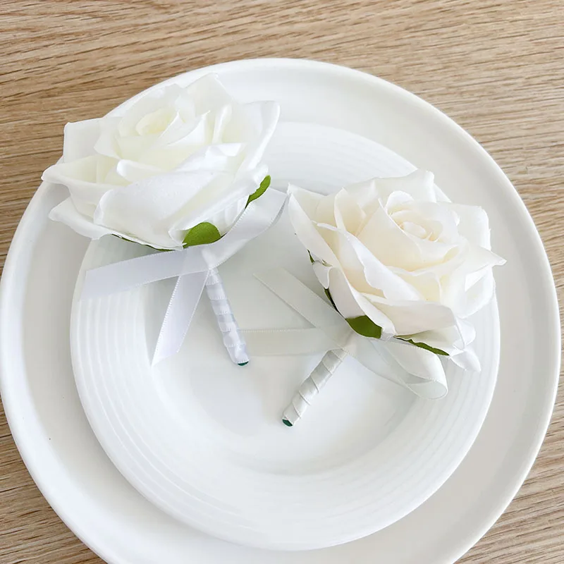 Wedding Boutonniere Brooch Flowers Artificial Roses Silk Ivory White Corsage Buttonhole Groomsmen Men Bride Marriage Accessories