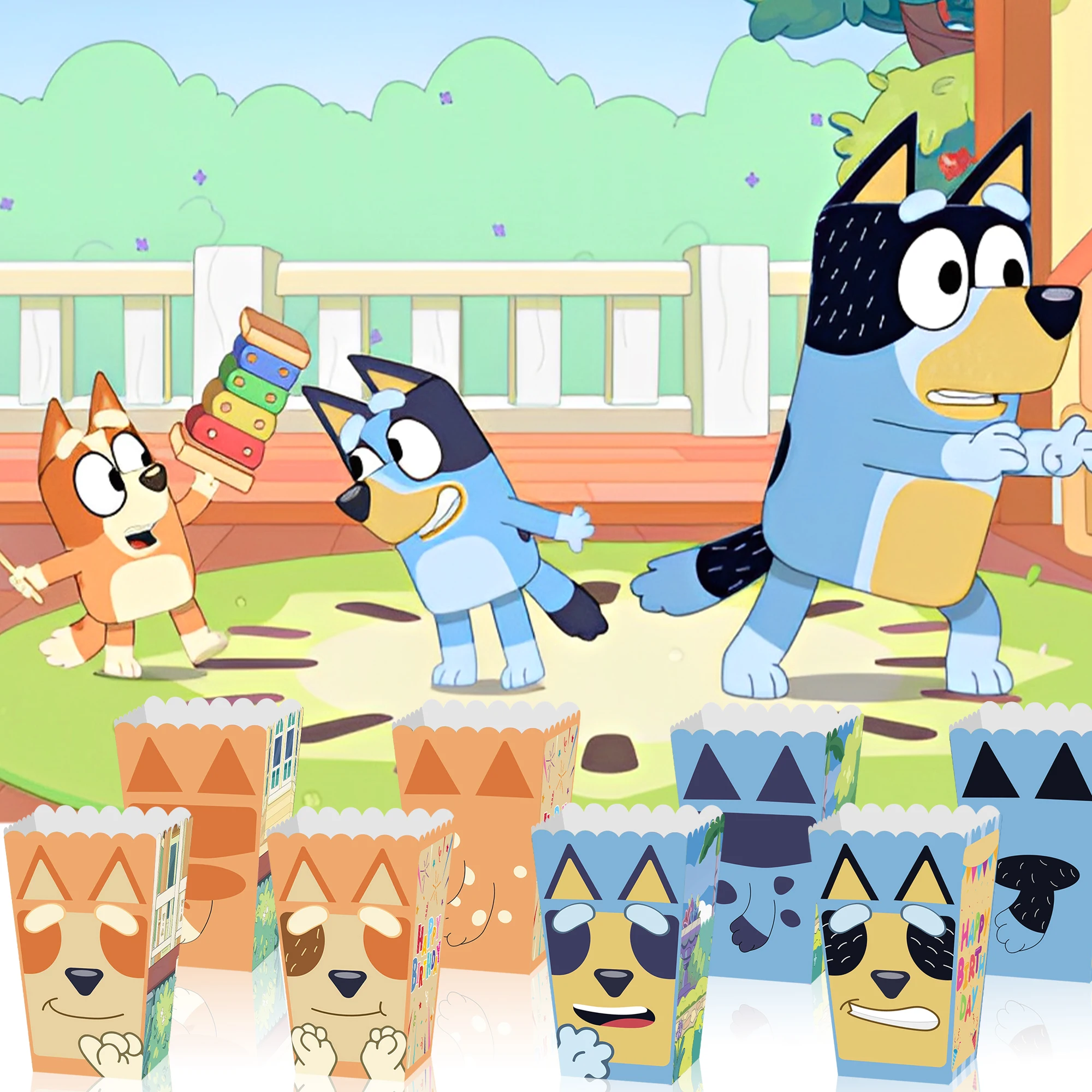 무스 귀여운 Bluey 가족 Bluey 파티 간식 캔디 치킨 쌀 팝콘 상자 식품 판지 포장 상자 12pcs 귀여운 빙고 선물 상자