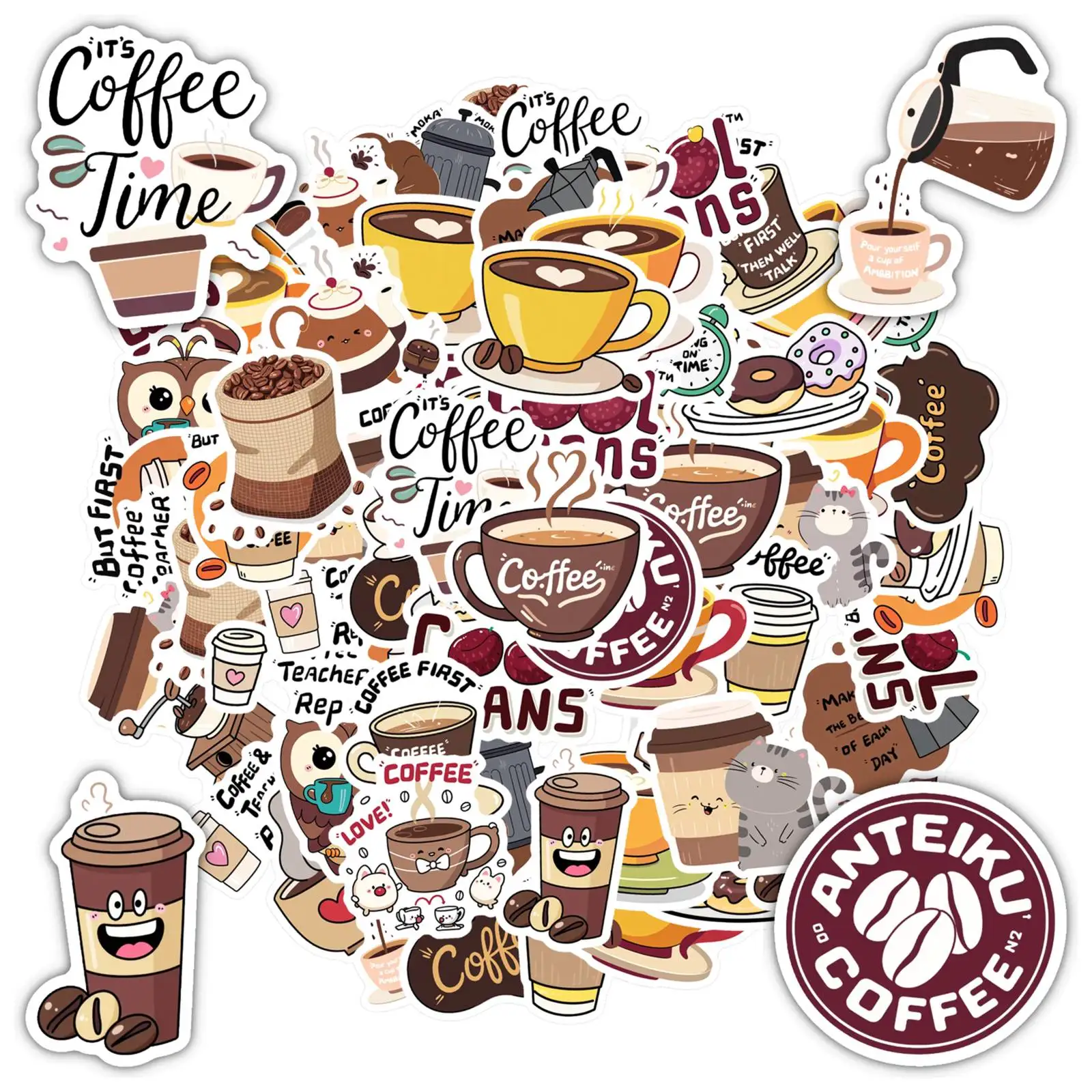 

35pcs Cute Caffeine Stickers Cartoon Cafe DIY Stickers Teacher Reward Stickers For Laptop Luggage Scrapbook Diary Sticker