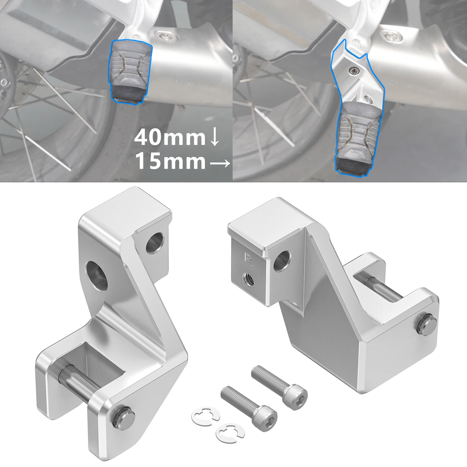 Motorcycle 40mm Lower Footrests Footpegs Lowering Brackets for BMW R1250GS Adventure R1250GSA 2018-2024 R1250GS 2018-2023