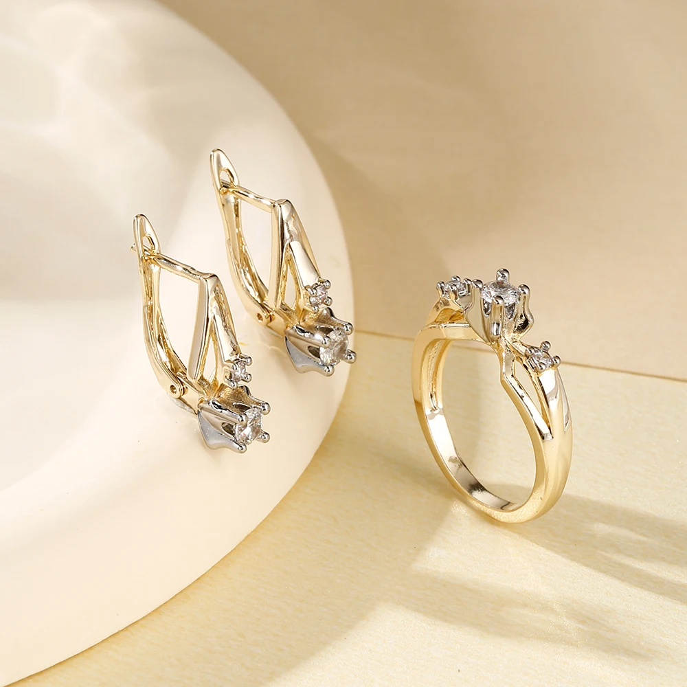 Leichter Luxus-Geometrie-Zirkonring und Ohrringe-Set, 14K vergoldetes Kupfer, einfache Alltagsaccessoires, Geburtstagsgeschenk – Detail 6