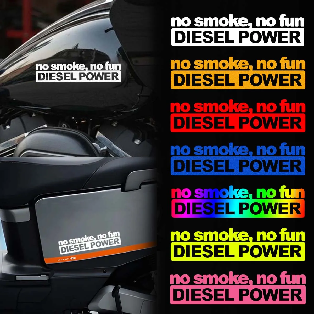 NO SMOKE NO FUN DIESEL POWER Text Waterproof Vinyl Motorcycle Stickers, Decals for Motor Side Panel Tail Box Body Exterior Decor