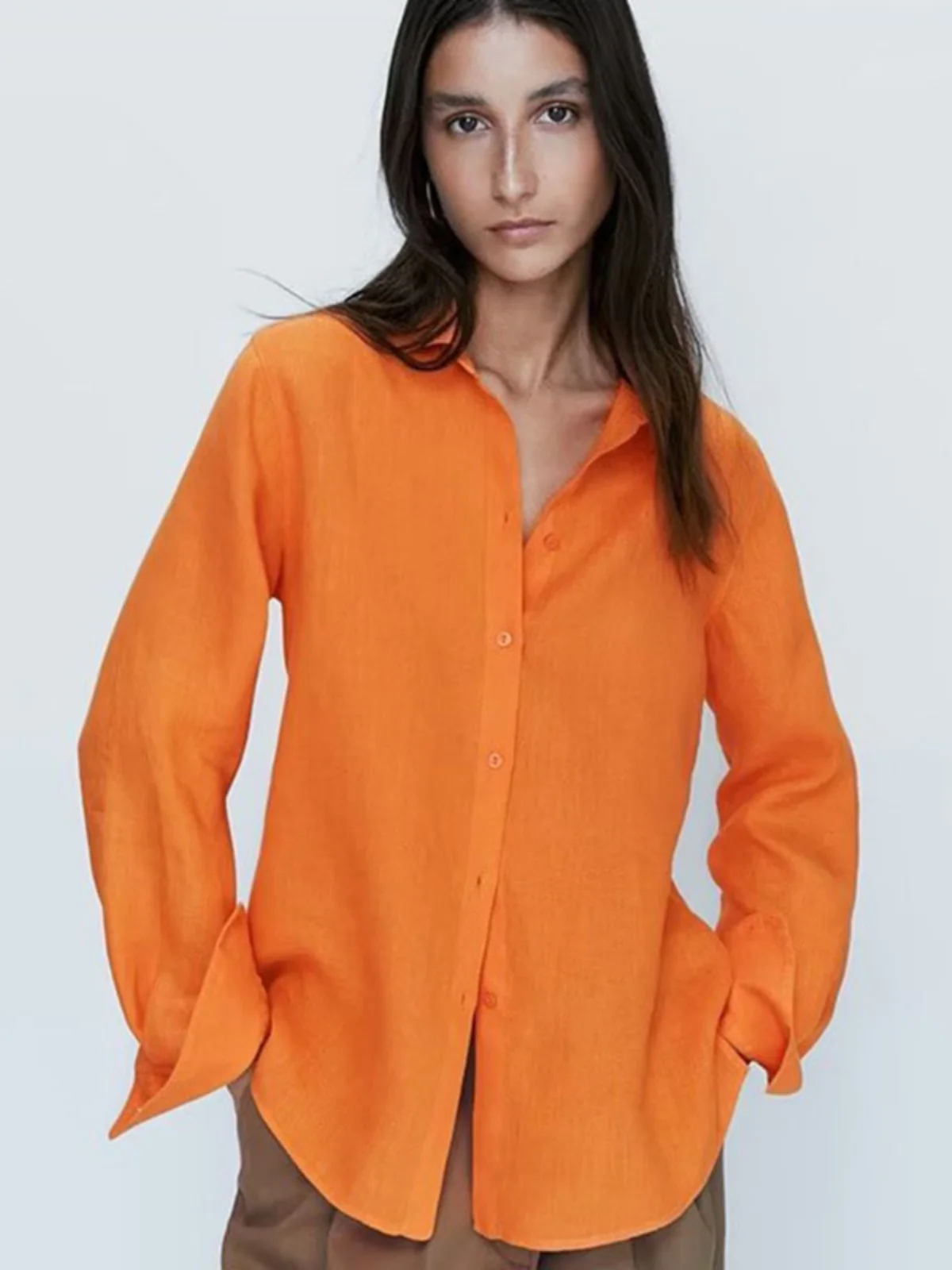 Loose Casual Pure Color Spring Summer New Arrival Women's irt MD Lazy Cotton Linen Long Sve  Collar Button Detail