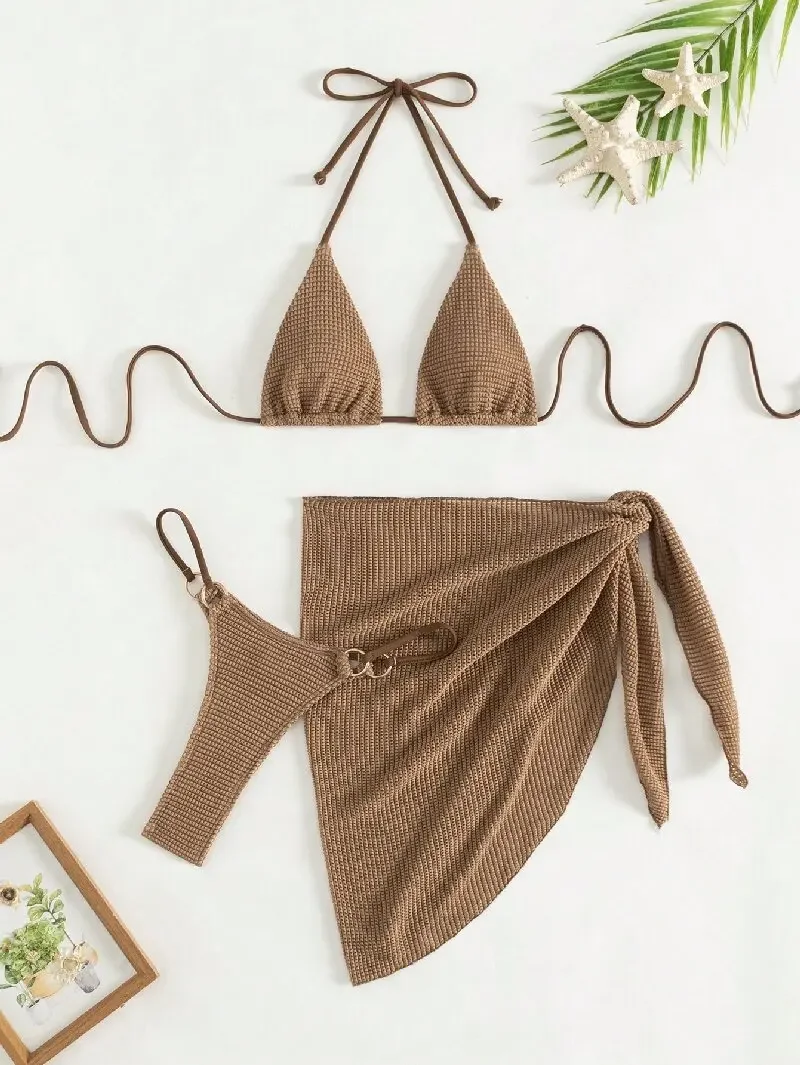 Sexy Brown Bikini Set 2024 Women Halter Push Up Bra Skirt 3 Piece Swimsuit Summer Bathing Suit Cover Up Thong Swimwear Biquini