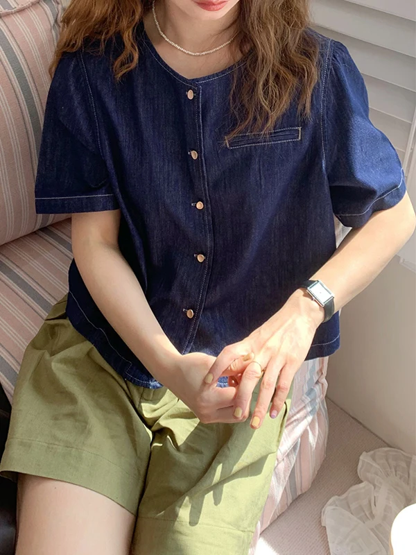 

plus Size 300 Pounds Women's Short Sleeve Denim Shirt Thin Style Korean College Fashion Summer Outerwear Casual round Neck
