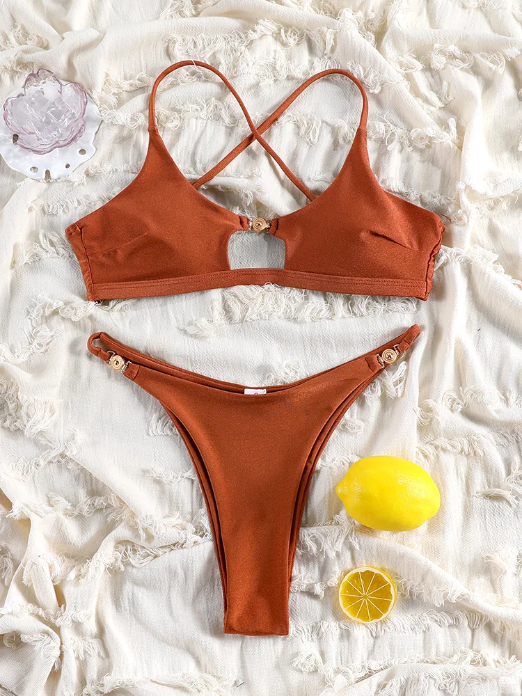 Rinabe-Conjunto de Bikini unicolor, Bikinis sexys, traje de baño recortado para mujer, trajes de baño de cintura baja, traje de baño 2025, ropa de playa de verano