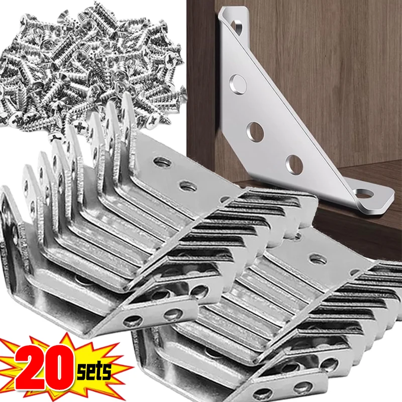 1/20sets Furniture Corner Connector Stainless Steel Angle Bracket Corner Brace Chair Support Fixing Joint for Wood Shelf Cabinet