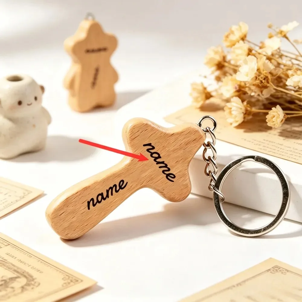 Personalisierter Holz-Schlüsselanhänger mit Eigenem Logo und Namen, Kreuz-Design, Taschenanhänger, Schlüsselring für Auto und Motorrad, Individuelles Dekorationsgeschenk – Detail 2