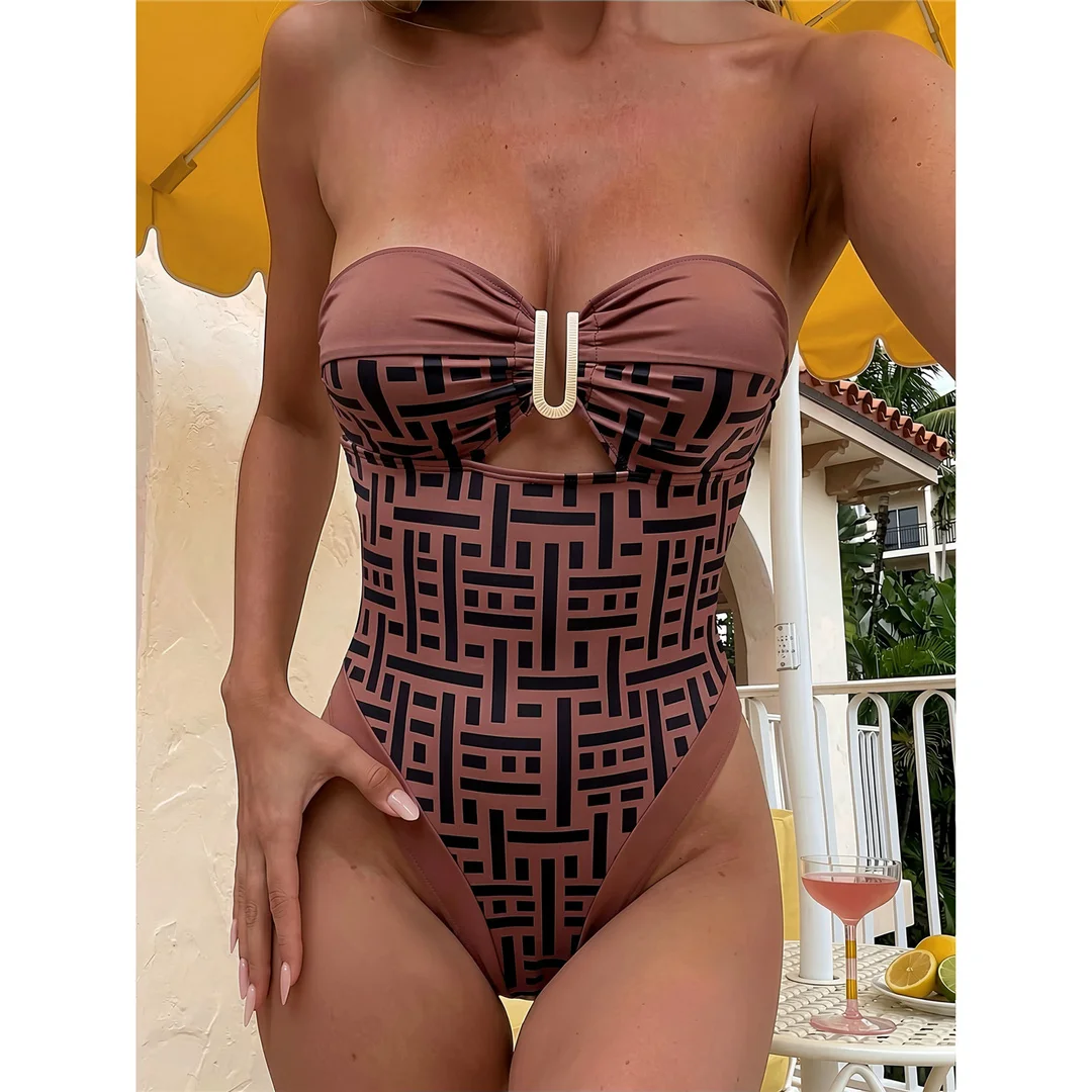 Neuer bedruckter Bandeau-Badeanzug mit Ausschnitten und U-Ausschnitt für Damen, einteiliger Badeanzug, Monokini mit hohem Beinausschnitt, Badebekleidung, Badeanzug, Modell V8259 – Detail 4