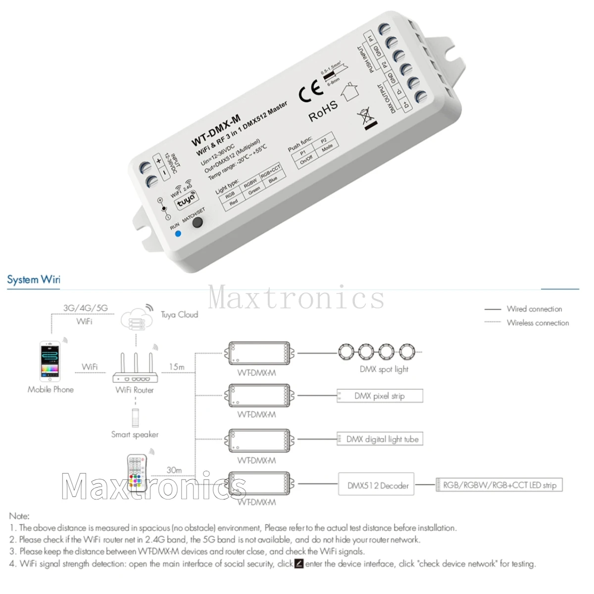 DC12-36V WiFi & RF 3 in 1 RGB/RGBW/RGB+CCT DMX512 Master Controller WT-DMX-M Tuya APP Voice Control for DMX512 Led Strip Lights