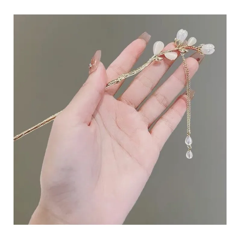 

Pure Copper Gold-plated Tulip Hairpin, New Chinese-style Walking Antique Hair Tassel Design, Hairpin, Hanfu Cheongsam Accessorie