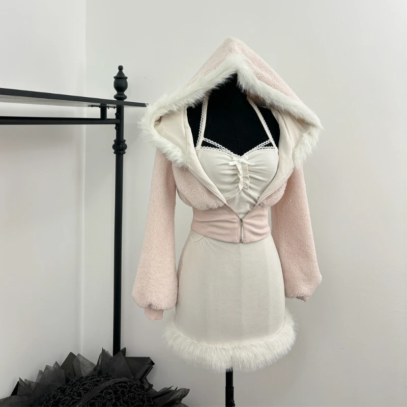 

Pink Japanese Kawaii Elegant 2-piece Set Women Cute Sweet Zipper Hooded Short Coat Female + Solid Bow Warm Sling Dress Winter