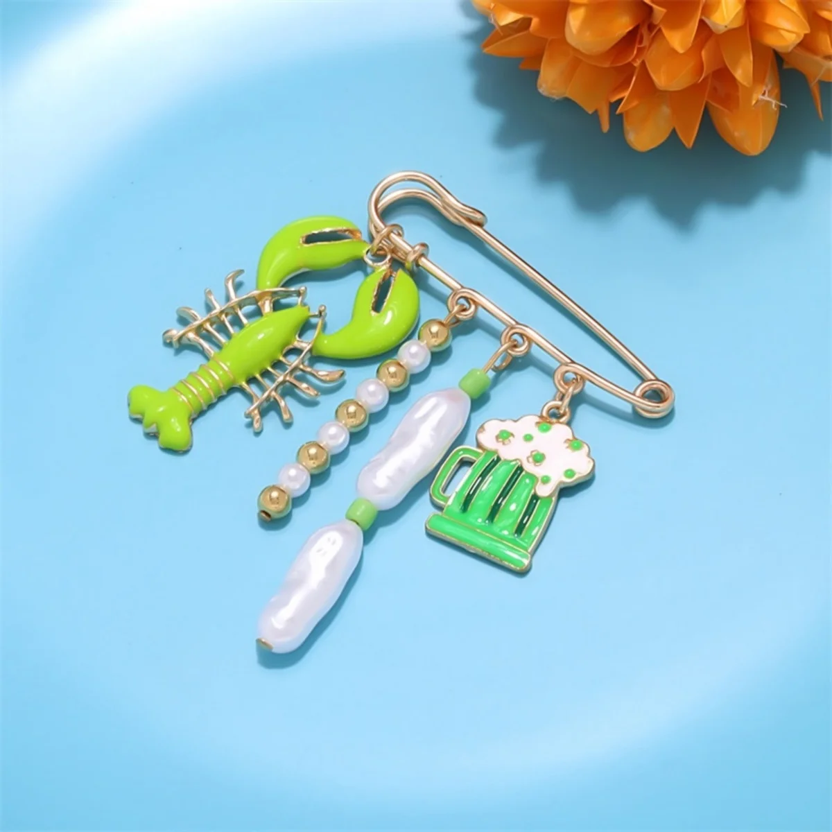 Metall-Muschel-Fisch-Broschen mit unregelmäßigen Imitationsperlen für Damen und Herren, Hummer-Korallen-Blumen-Krabben-Herz-Sonnen-Anstecknadeln, Sommerschmuck – Detail 17
