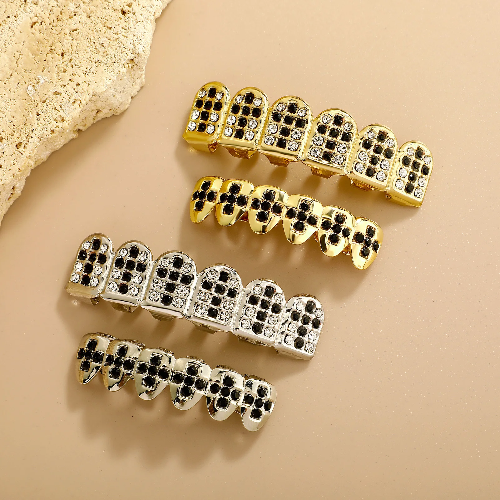 TOPGRILLZ Iced Out Black Cross Rhinestone Teeth Grillz Braces Top & Bottom Tooth Caps For Women Men Mouth Jewelry Gift view 3