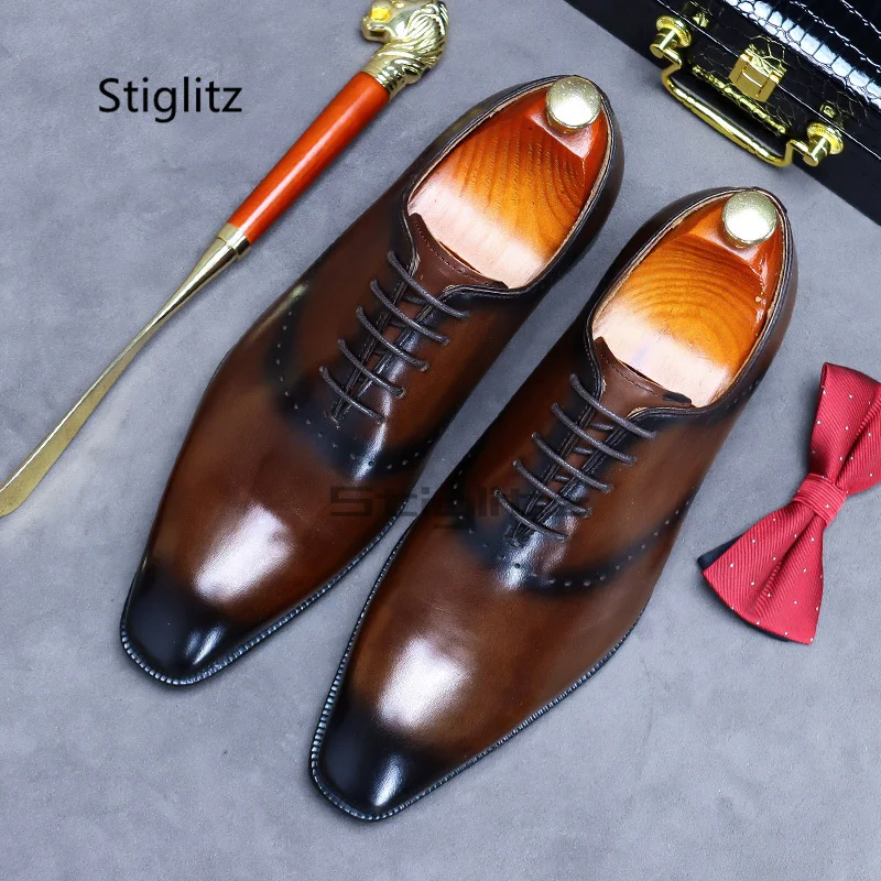 

Classic Men's Oxford Leather Shoes Small Square Toe Lace-Up Brogue Wedding Business Office Formal Gentleman Shoes Wear-Resistant