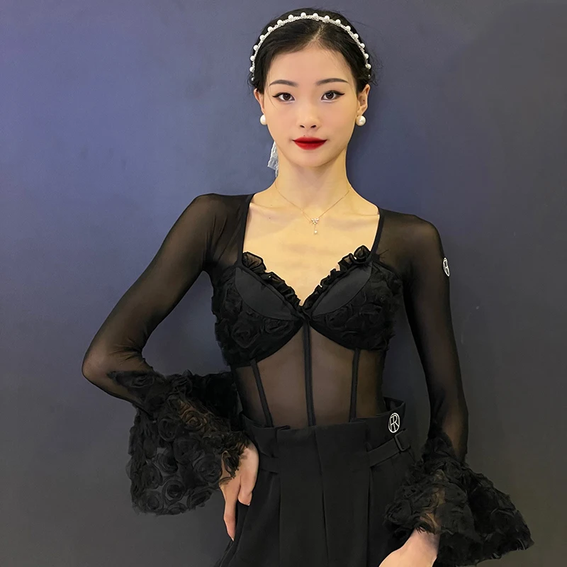 2023 New Latin Dance Tops For Women Sexy Mesh Bubble Sleeves Practice Clothes Chacha Ballroom Latin Performance Clothes DN16851