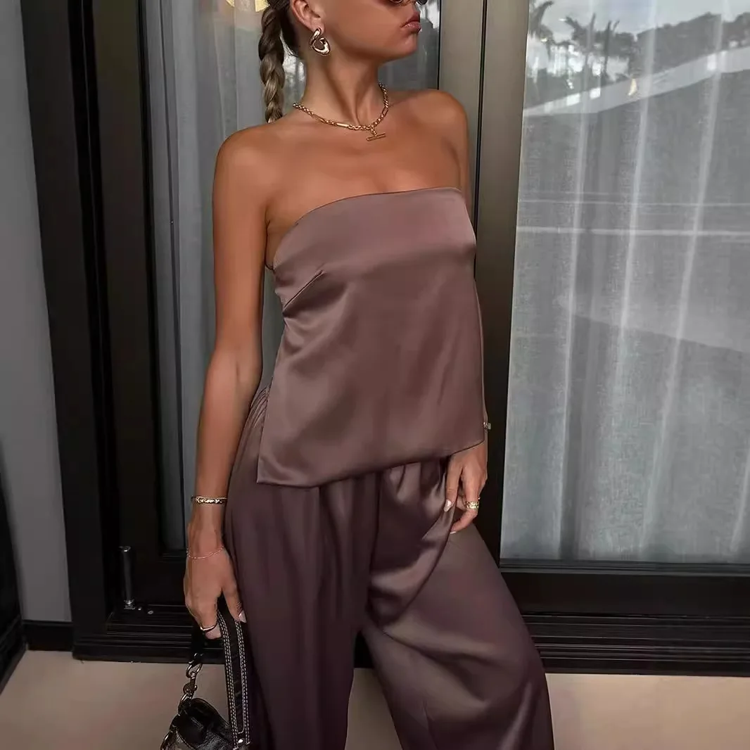 Комплекты из 2 предметов, женский топ без бретелек, широкие брюки, наряды без рукавов, с открытой спиной, на шнуровке, брюки с высокой талией, ансамбль 2025 г.