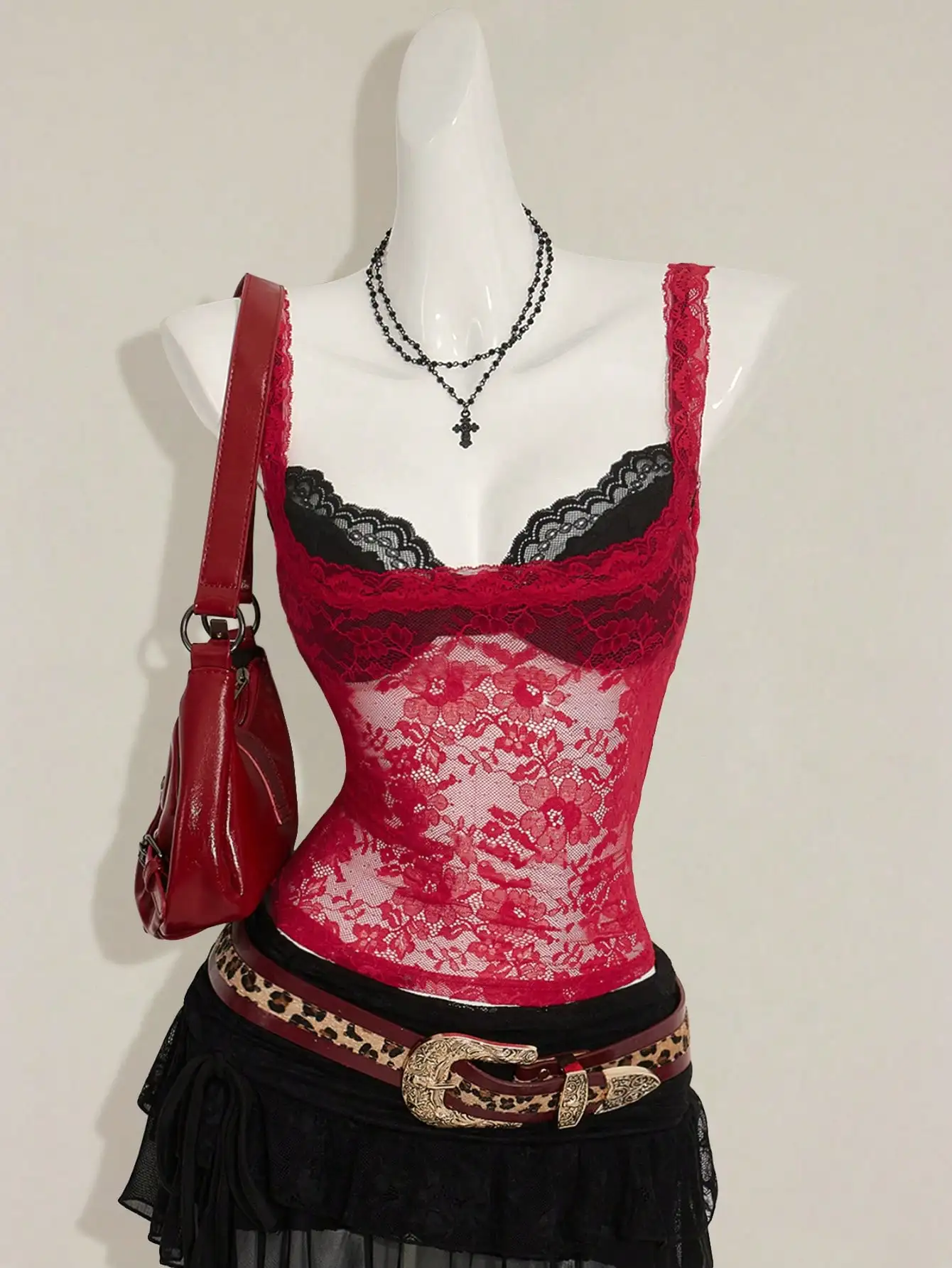 Red Lace Semi-Sheer Camisole, Paired with Black Lace Spaghetti Strap Top, Sexy 2-Piece Layered Set for Women