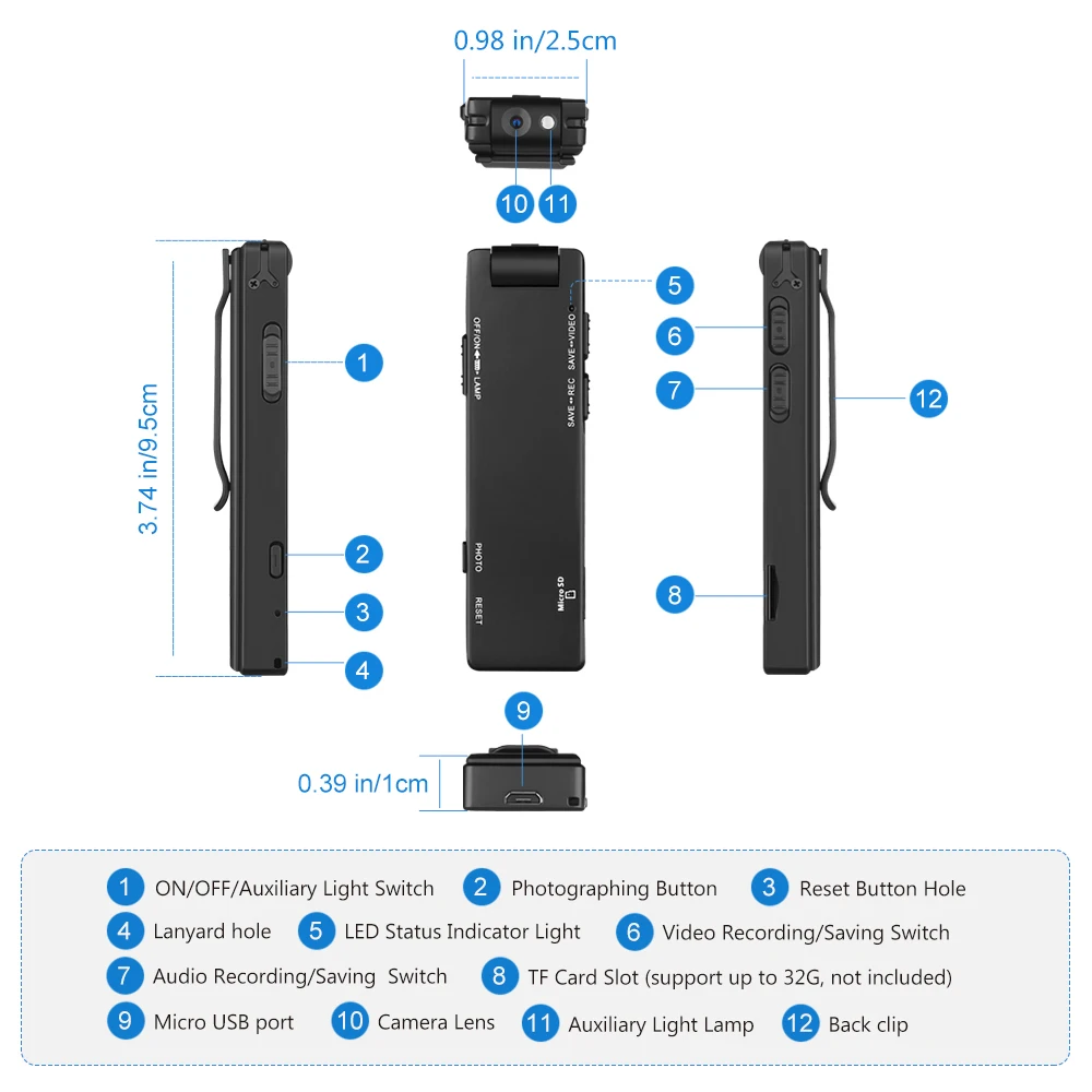 Vandlion A3 Digital Mini Mounted Camera HD 1080P Magnetic Body Mounted Camara Flashlight Motion Detection Cam for Meeting Sports