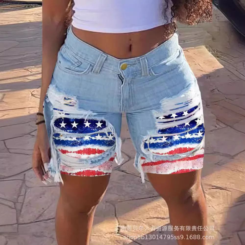 2025 American European Summer New Fashion Women's Slim Knee Length Hole Patched Denim Shorts Female Casual Trendy Denim Clothes