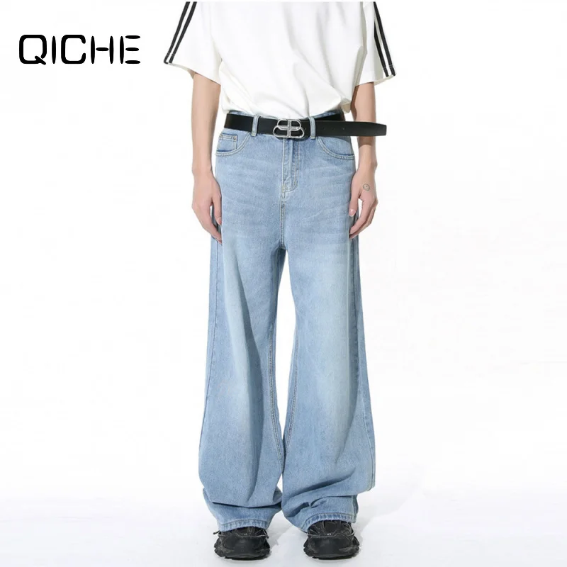 QICHE 2026 Men American Vintage Washed Faded Straight Floor‑Length Jeans Simple Draping Casual Denim Trousers