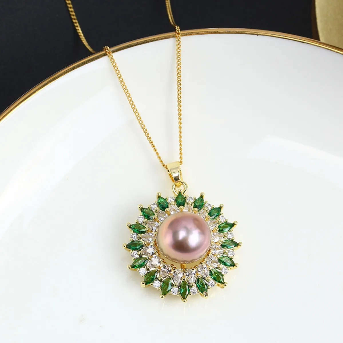 Gorgeous Color Cubic Zirconia Pearl Pendant Blank Setting, Brass 14K Gold Plated Tarnish Resistant DIY Necklace Findings