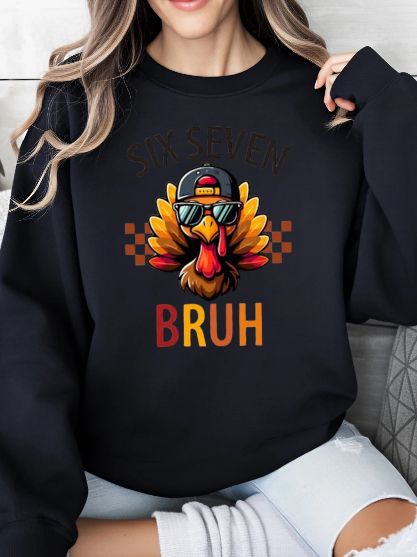 Turchia con occhiali da sole e cappello Six Seven Bruh Felpa per il Ringraziamento Abbigliamento casual da donna Festa per le vacanze Nero Taglie forti