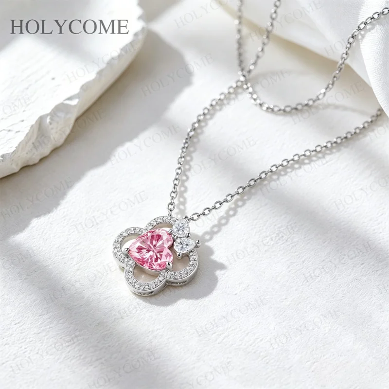 2CT Herzförmige Rosa Moissanit-Halskette 925 Sterling Silber Anhänger Choker-Kette für Damen Hochzeits- und Party-Schmuck – Detail 7