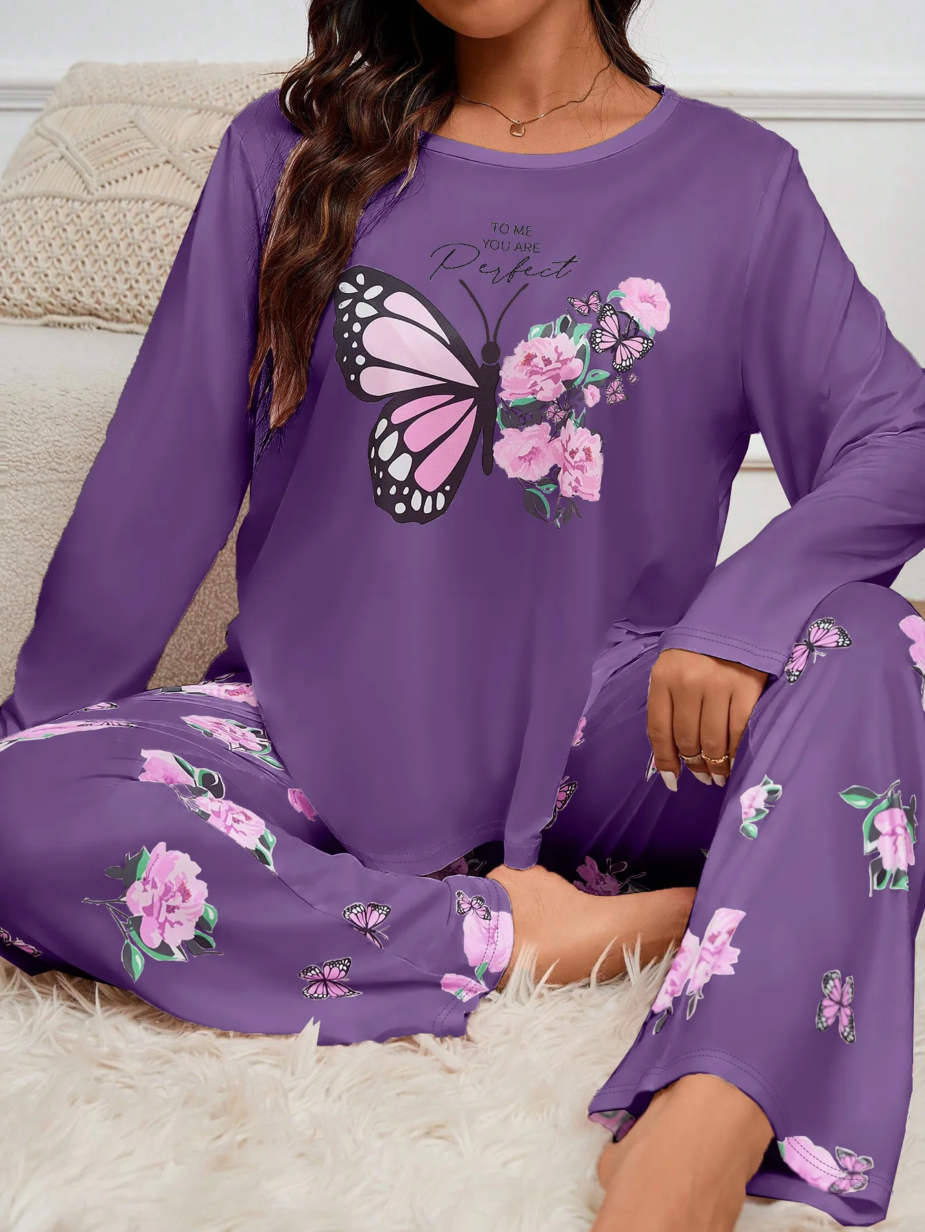 

Women's plus size round neck long sleeve set pajamas