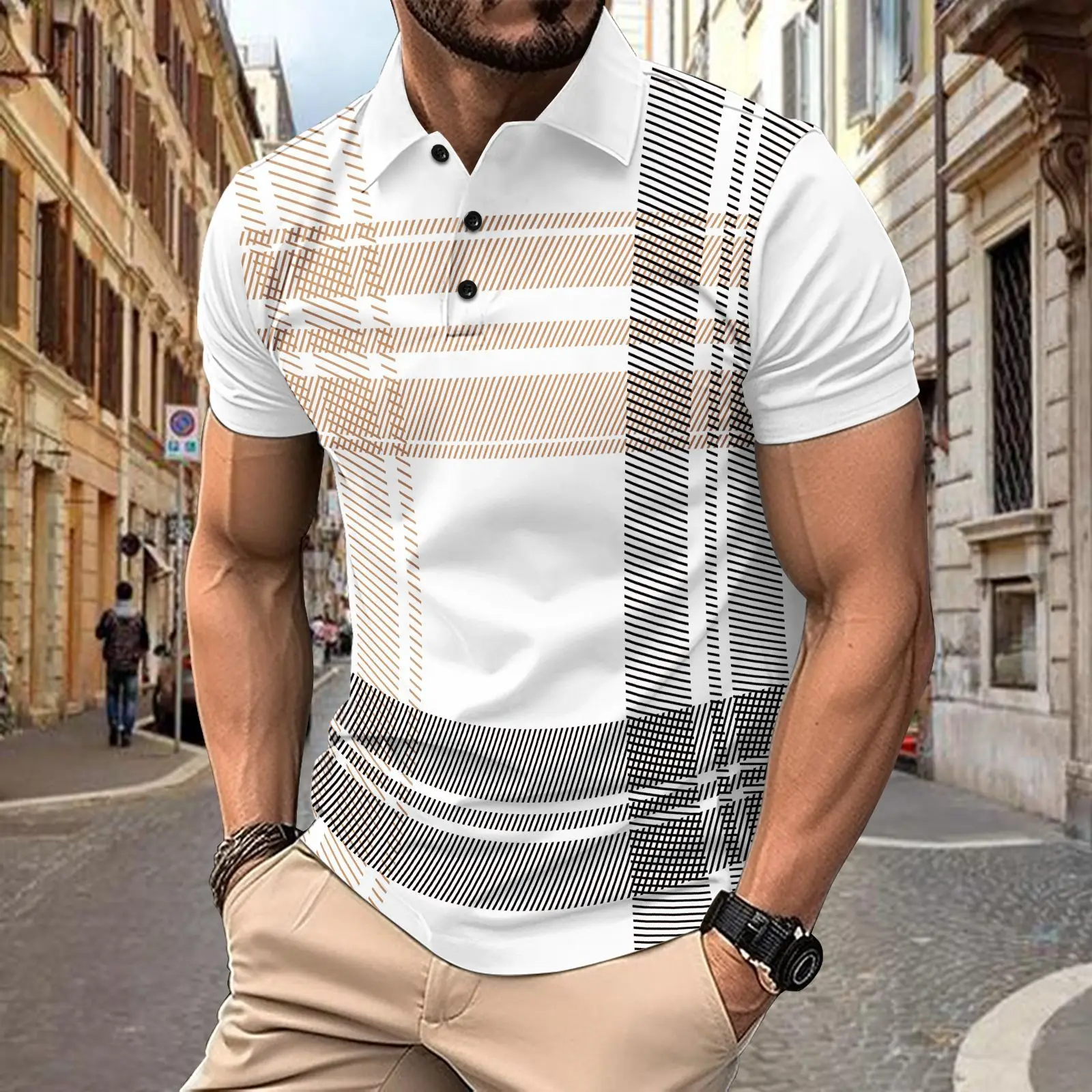 Summer Polo Shirt Print Striped Men's Sports Polo Shirt