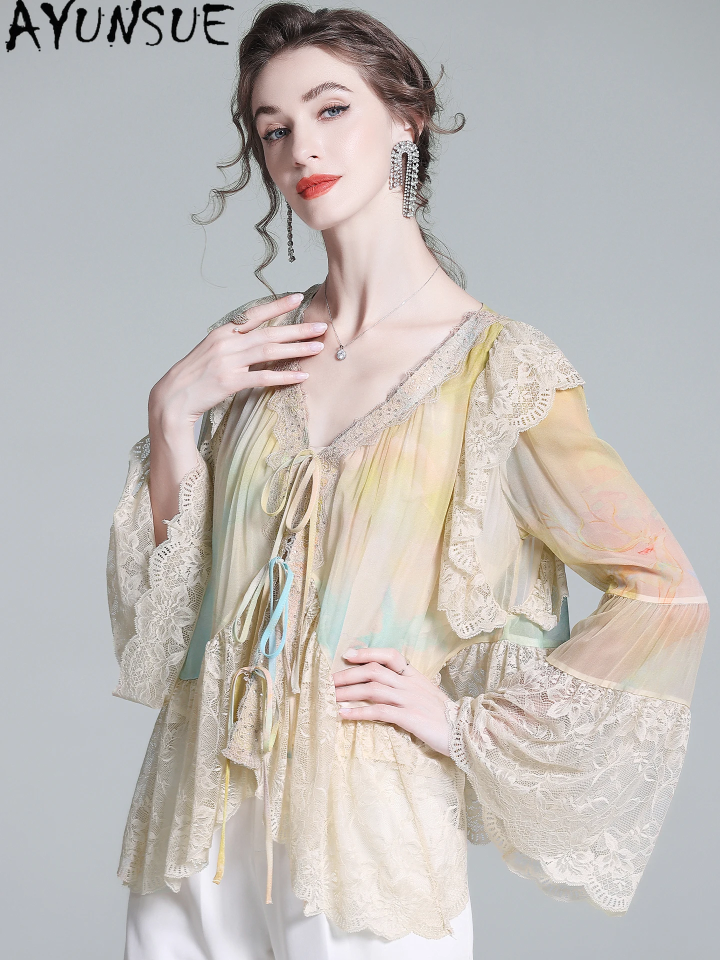 

AYUNSUE Элегантные рубашки из 100% тутового шелка, высококачественные топы для женщин, осенняя рубашка, женская одежда, свободный крой, Lрубашка Женская