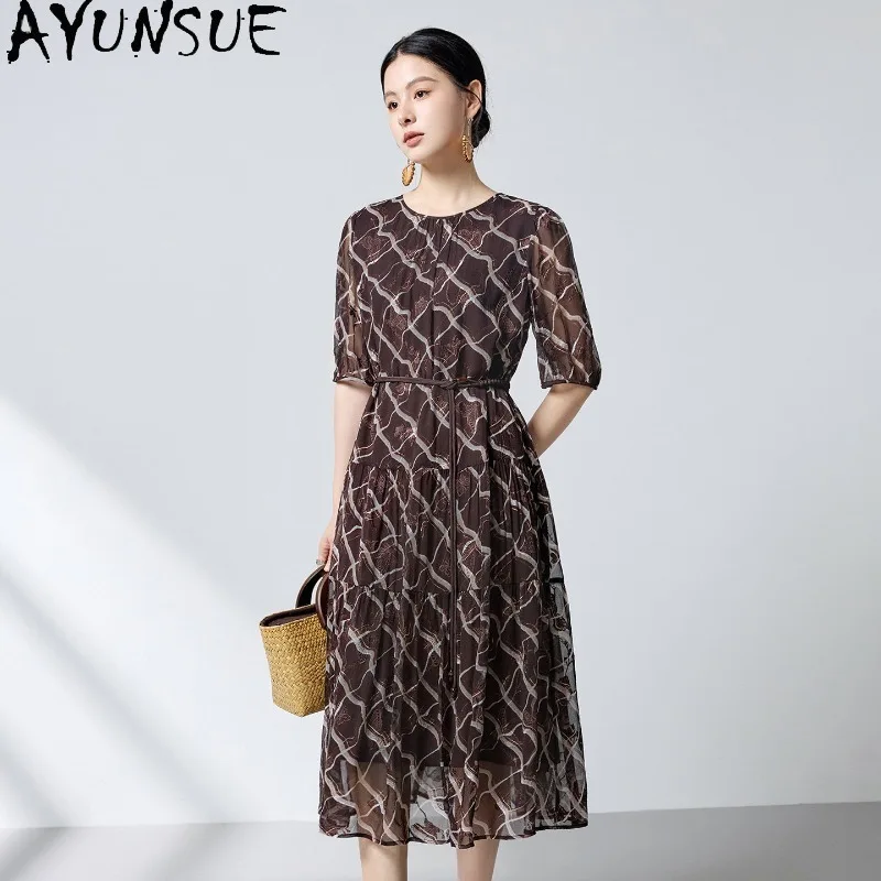 

AYUNSUE 100% Silk Women's Casual Dresses Elegant O-neck Mid-length Summer Dresses Fashion Dresses for Woman Clothes Ropa Mujer