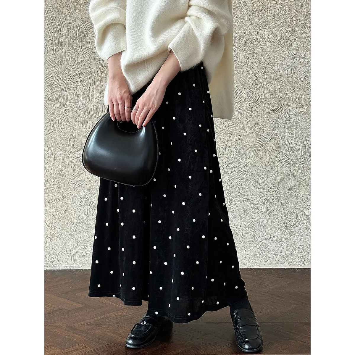 

Autumn Winter Velvet Plaid A- Line Skirt Women' High Waist Draping Versatile Slimming Polka Dot Half-length Skirts