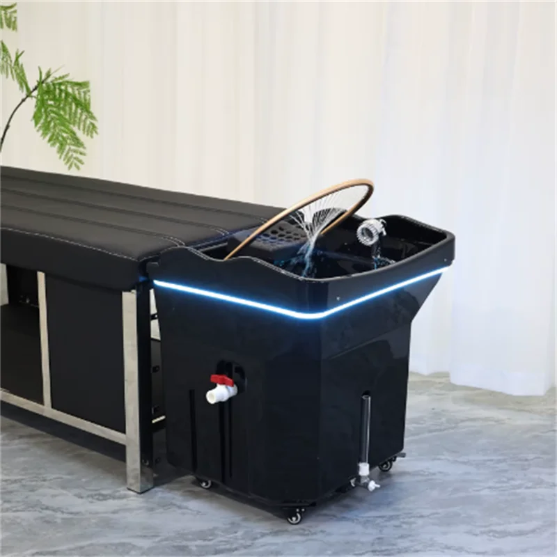 Bac à shampoing professionnel de haute qualité avec système de circulation d'eau et design portable, adapté aux salons de coiffure commerciaux, haute résistance et durabilité.