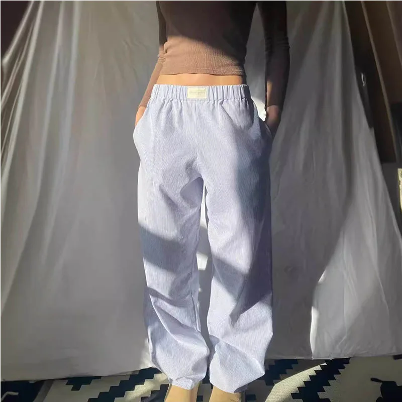 Women's Pink Stripe Elastic Waist Pants with Pockets Straight Leg Loose Fit Casual Summer Y2K Street Fashion Comfortable