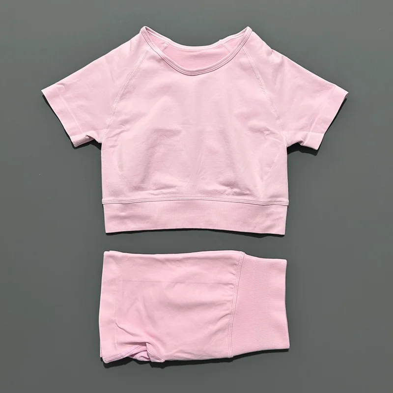 2 قطعة النساء تجريب مجموعات ضئيلة قصيرة الأكمام أعلى عالية الخصر طماق تشغيل تجريب الرياضة مجموعة الإناث اليوغا الرياضية