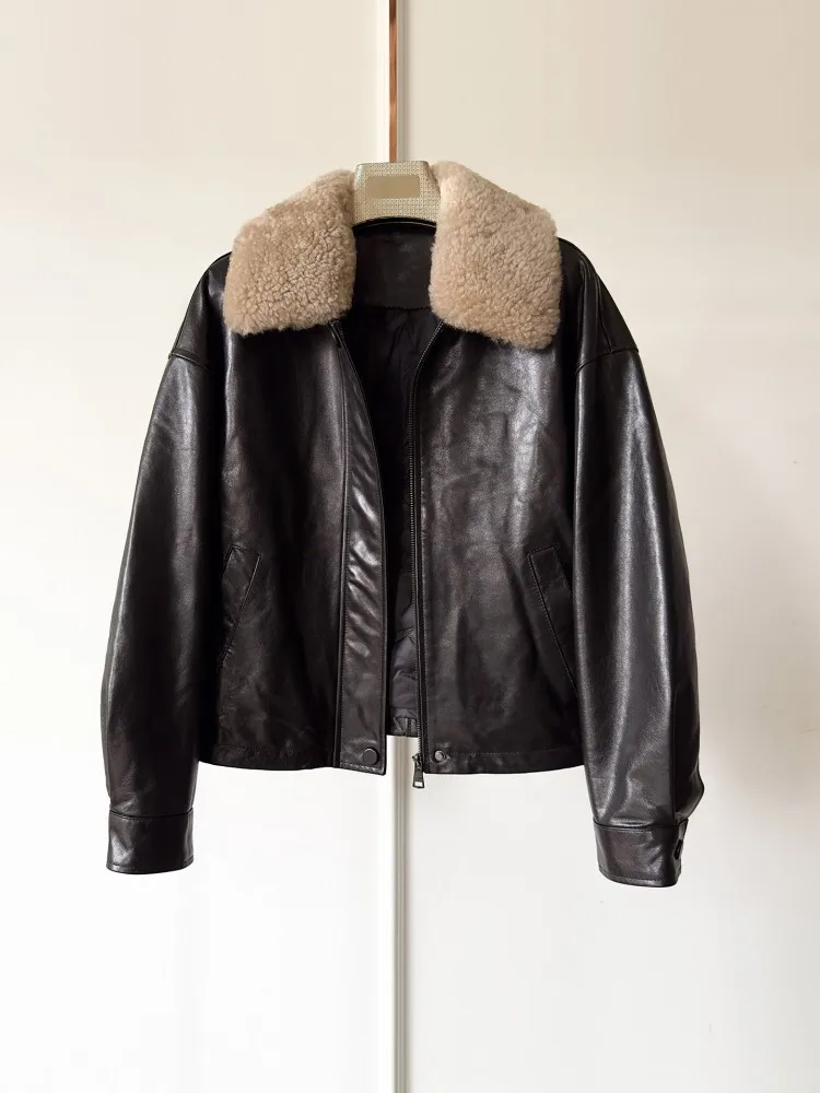 Abrigo de invierno de piel auténtica para mujer, abrigo informal holgado con cuello de lana a la moda, ropa de calle gruesa y cálida chaqueta de piel de oveja