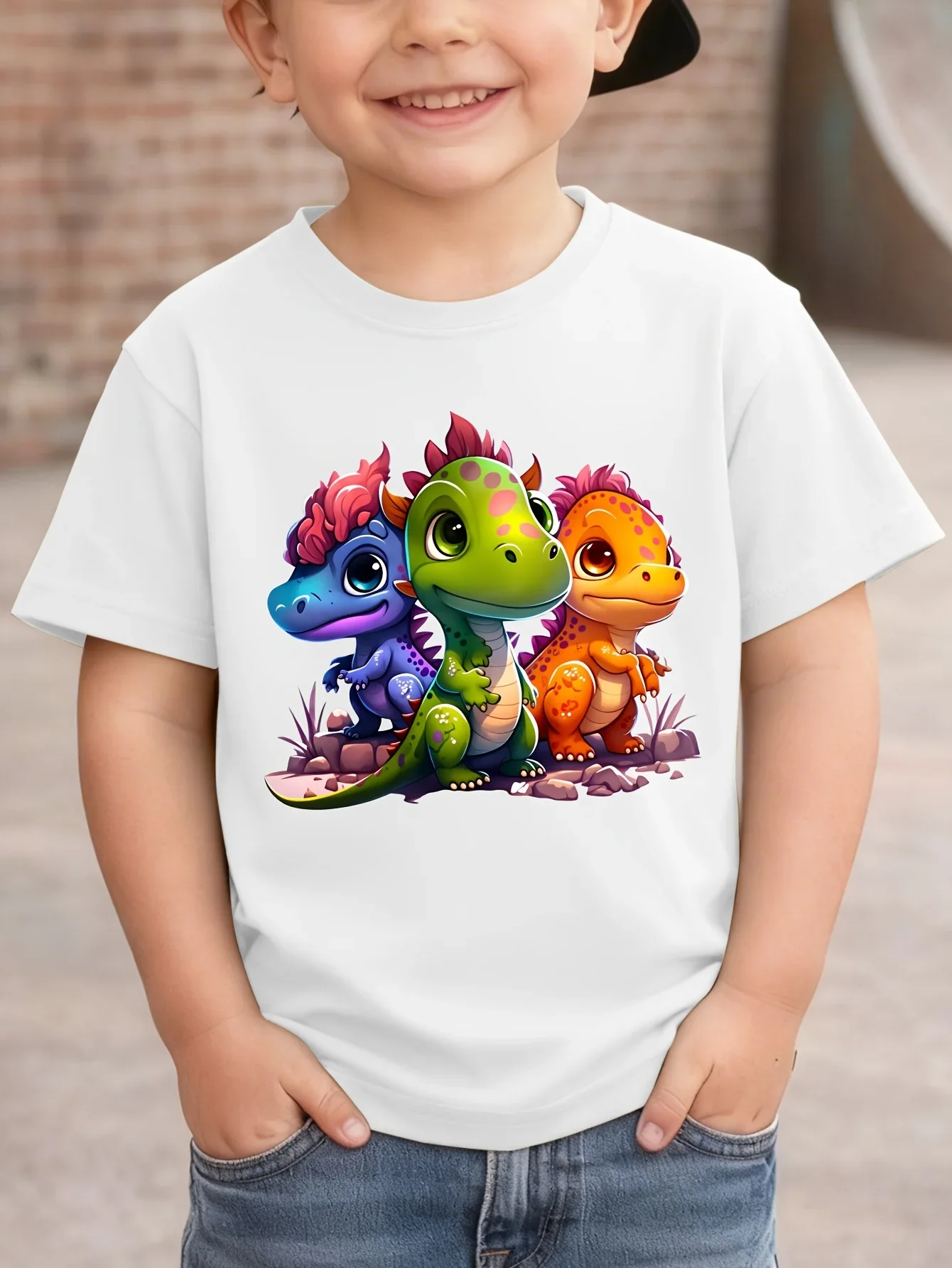 Three Baby Dinosaurs Kids Tee Cartoon Animal Print Boys Girls Family Matching Cotton Summer Short Sleeve Basic Children Tshirt