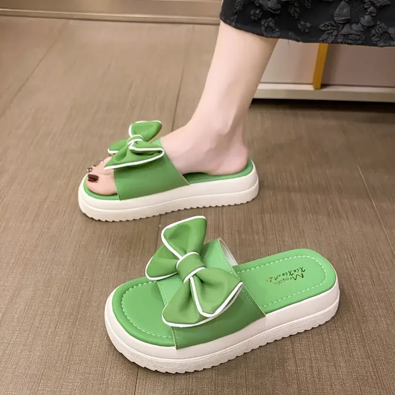 Sandals Height Open Toe with Bow on Word Woman Slippers House Shoes for Women Home Outside Thick Slides Indoor Off White Normal