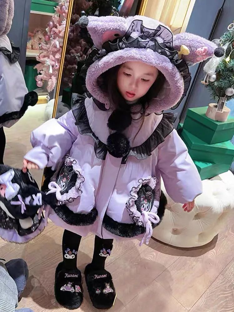 

Kuromi Sanrios Cotton Clothes Kawaii Cartoon Girl Plus Velvet Coat Quilted Autumn Winter New Child Clothing Thicken Jacket